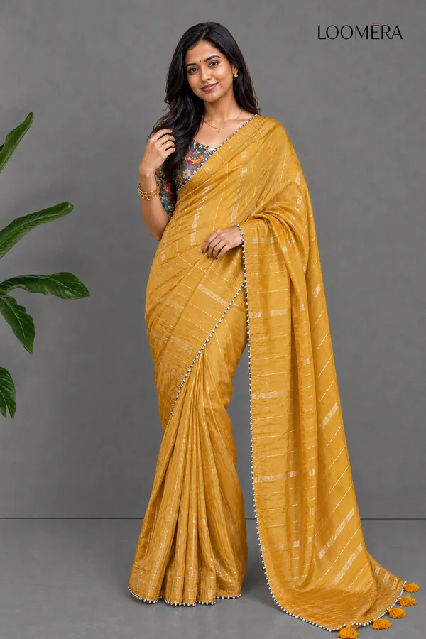 Mustard_Yellow_Saree_With_Bead-Worked_Border_And_Readymade_Blouse