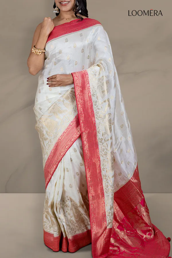 White_Dola_Silk_Saree_With_Red_Zari_Border