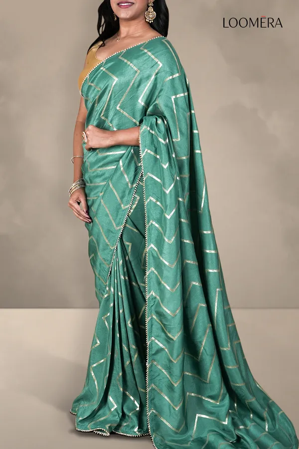 Teal_Green_Saree_With_Zigzag_Golden_Zari_Weave