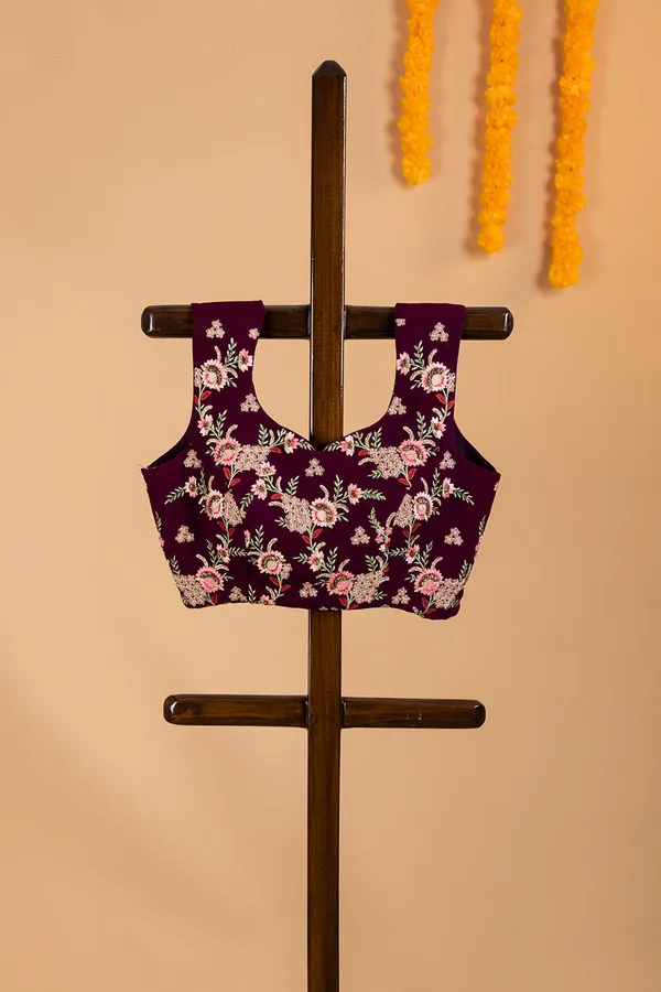 Plum_Georgette_Saree_With_Embroidered_Border_And_Designer_Blouse