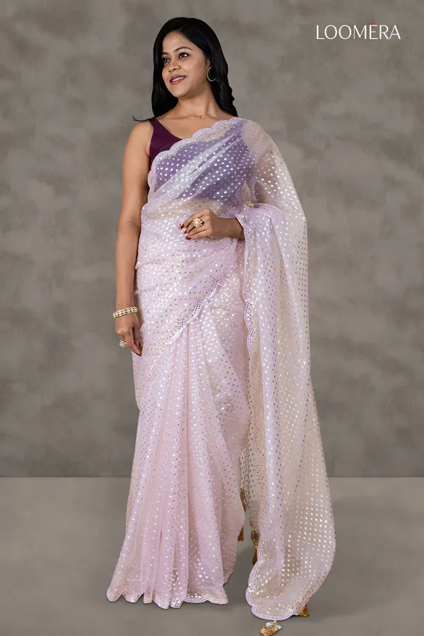 Pastel_Pink_Foil_Print_Organza_Saree_With_Mirror_Scallop_Border