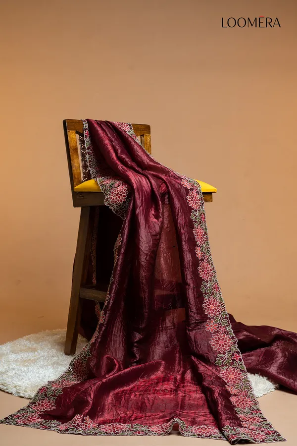 Maroon_Crushed_Tissue_Silk_Saree_With_Floral_Cut_Work_Embroidery