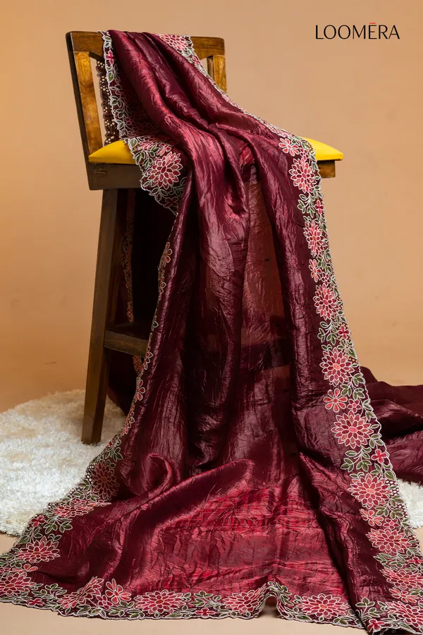 Maroon_Crushed_Tissue_Silk_Saree_With_Floral_Cut_Work_Embroidery