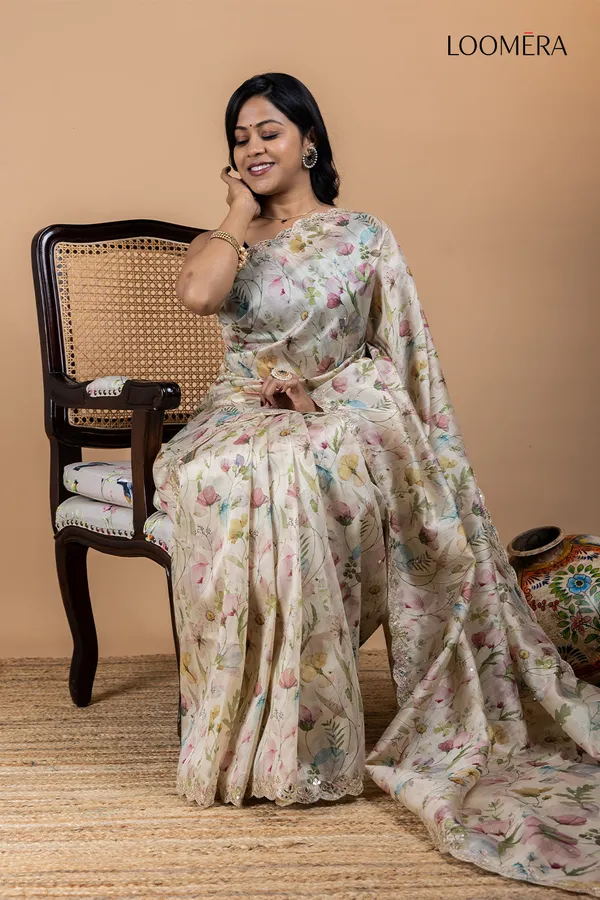 Beige_Tussar_Silk_Saree_With_Floral_Print_And_Mirror_Work