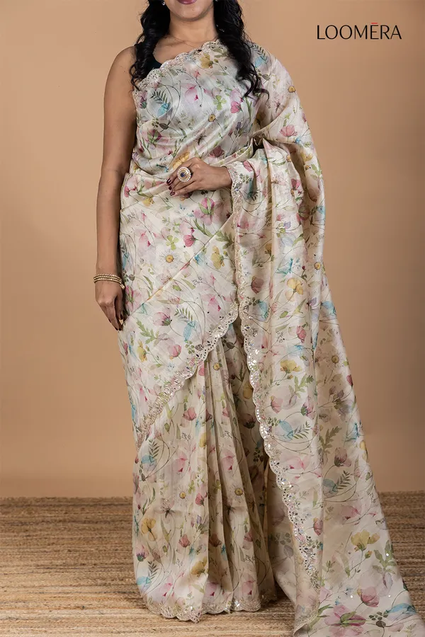 Beige_Tussar_Silk_Saree_With_Floral_Print_And_Mirror_Work
