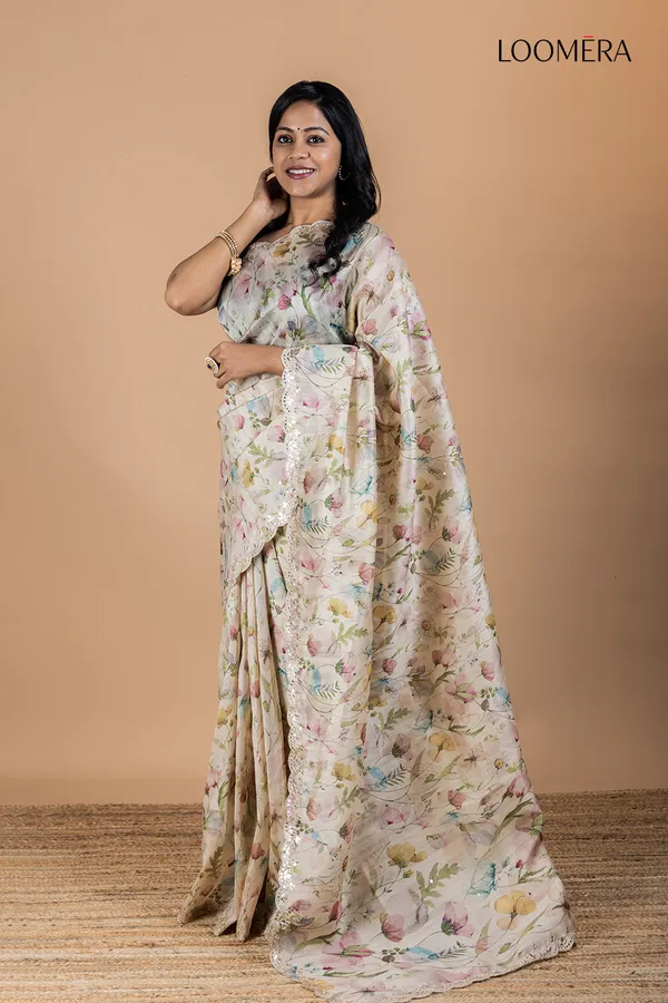 Beige_Tussar_Silk_Saree_With_Floral_Print_And_Mirror_Work