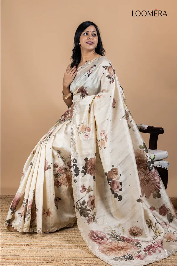 Beige_Floral_Tussar_Silk_Saree_With_Mirror_Work