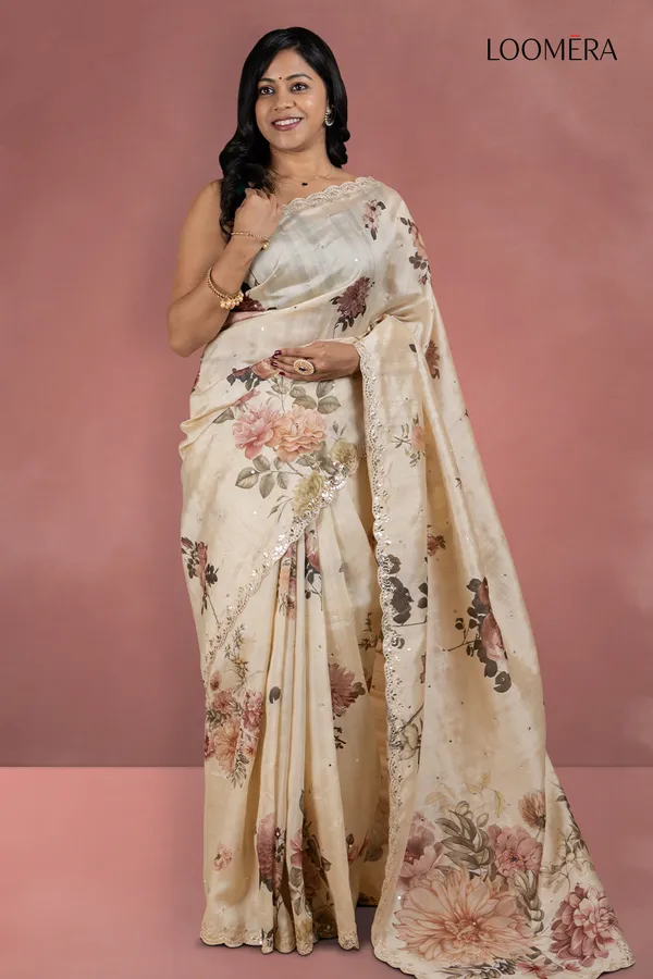 Beige_Floral_Tussar_Silk_Saree_With_Mirror_Work