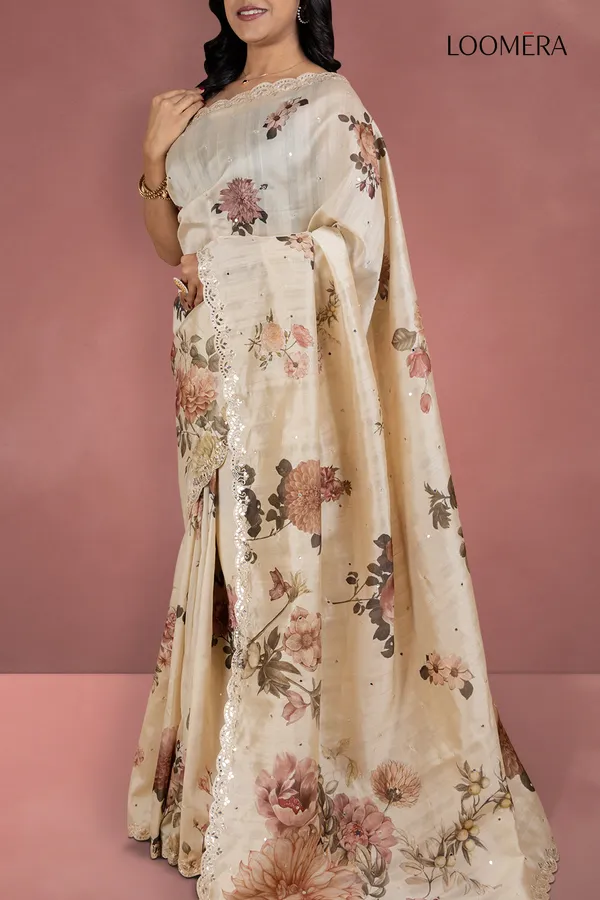 Beige_Floral_Tussar_Silk_Saree_With_Mirror_Work