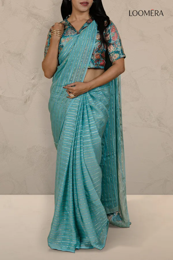 Cyan_Saree_With_Elegant_Zari_Lines_And_Readymade_Blouse