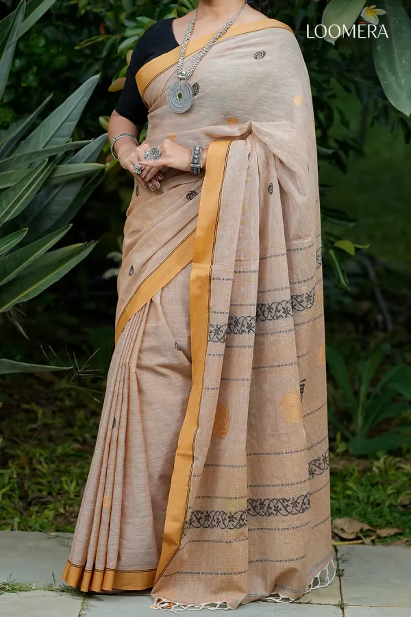 Light_Peach_Bengal_Handloom_Cotton_Saree_with_Yellow_Border
