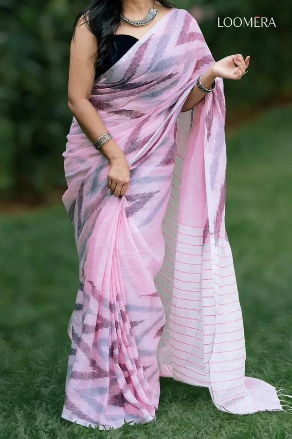 Light_Pink_Ikat_Print_Linen_Saree