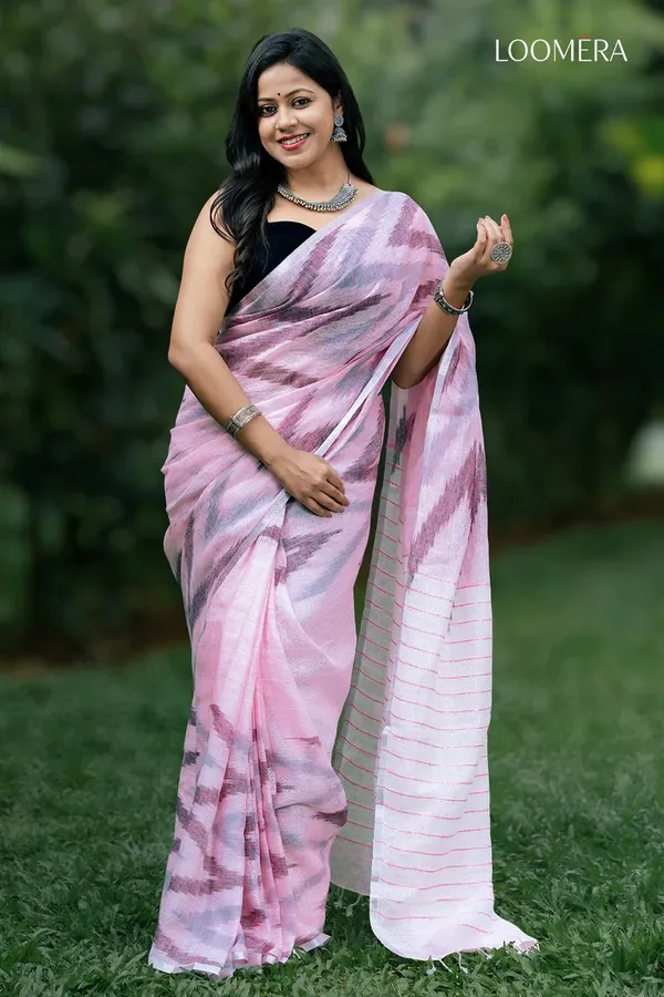 Light_Pink_Ikat_Print_Linen_Saree