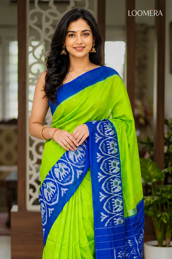 Lime_Green_and_Blue_Ikat_Print_Saree