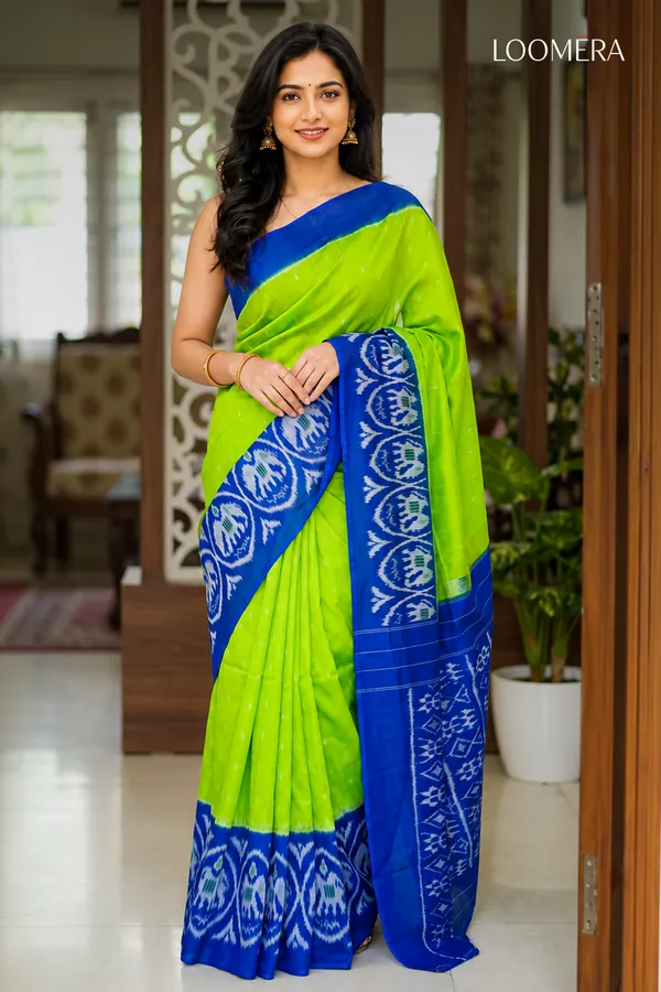 Lime_Green_and_Blue_Ikat_Print_Saree