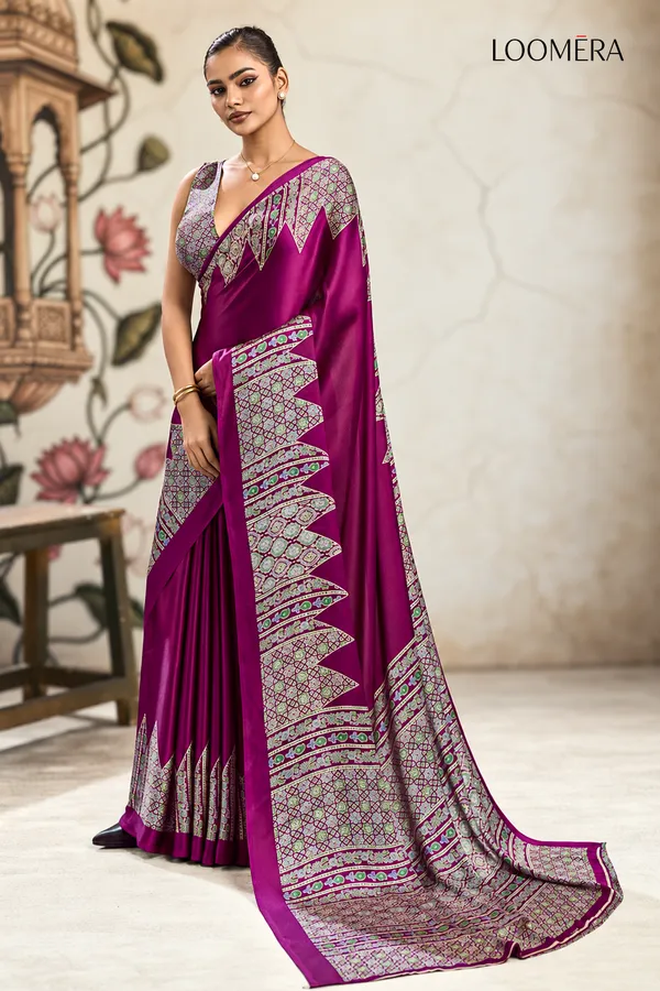 Magenta_Premium_Satin_Saree_with_Ajrakh_Print