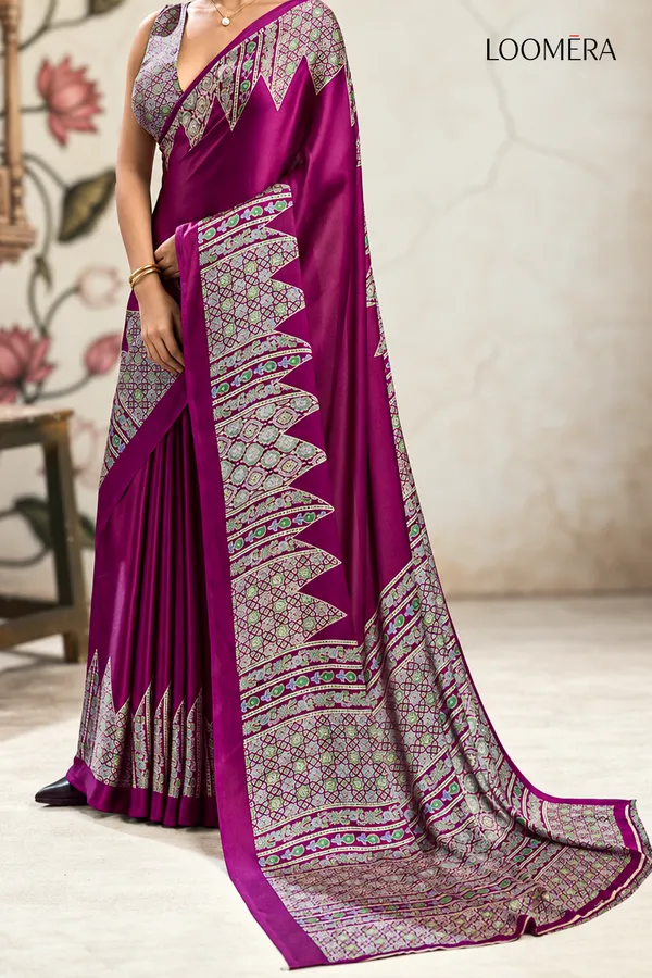 Magenta_Premium_Satin_Saree_with_Ajrakh_Print