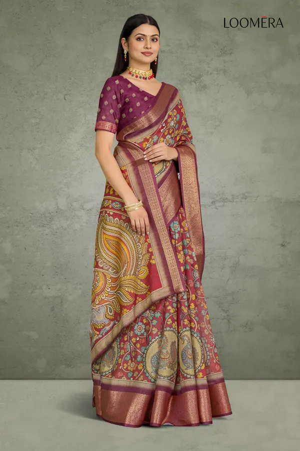 Maroon_Linen_Cotton_Saree_with_Peacock_Floral_Print
