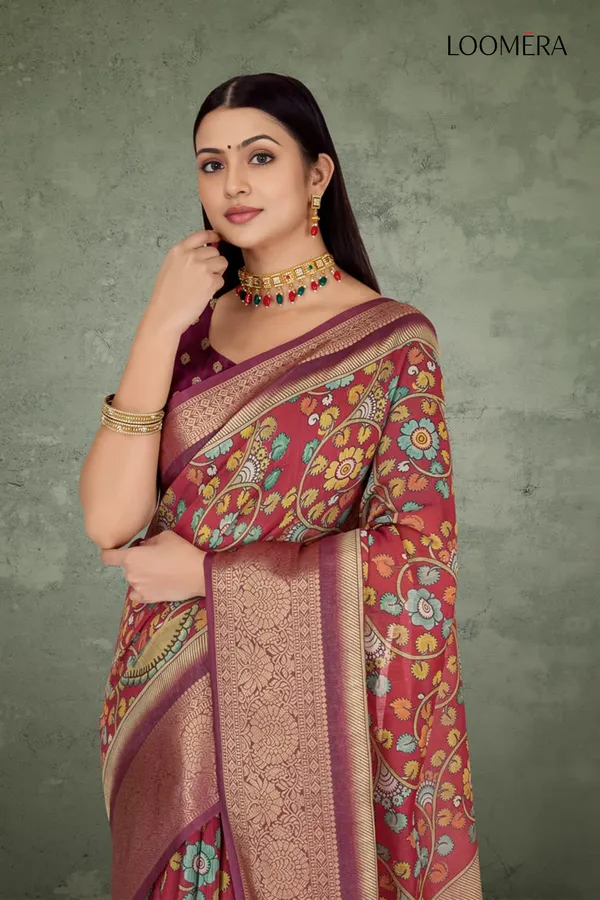 Maroon_Linen_Cotton_Saree_with_Peacock_Floral_Print