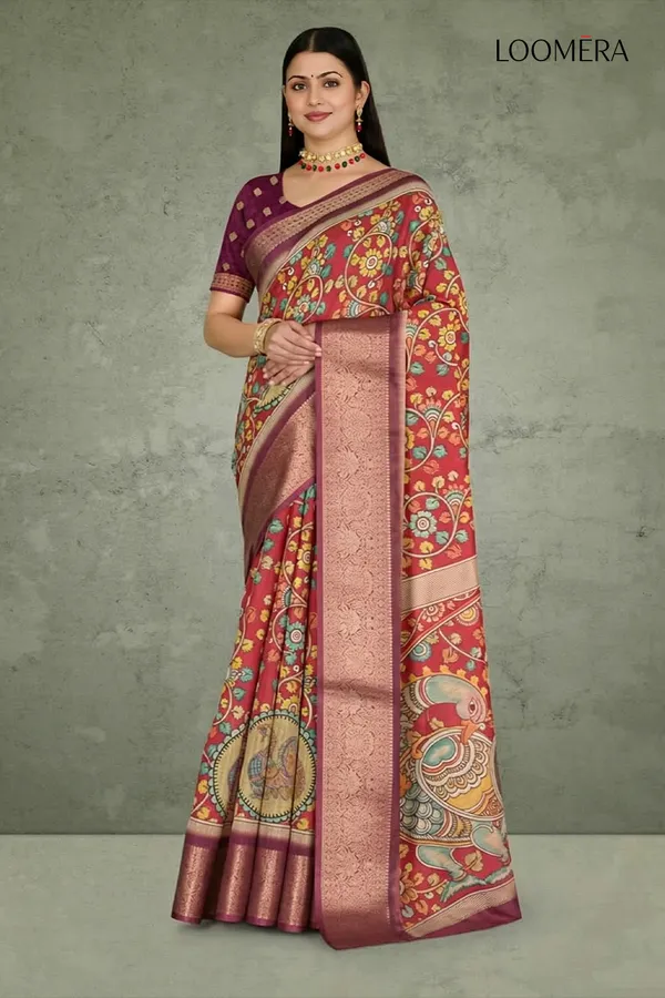 Maroon_Linen_Cotton_Saree_with_Peacock_Floral_Print