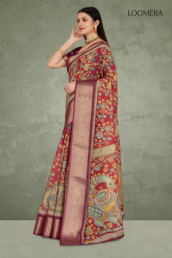 Maroon_Linen_Cotton_Saree_with_Peacock_Floral_Print