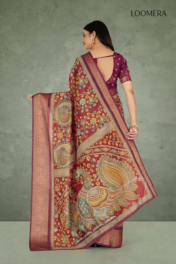 Maroon_Linen_Cotton_Saree_with_Peacock_Floral_Print
