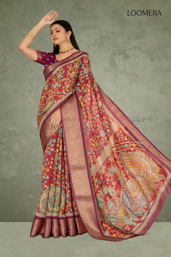 Maroon_Linen_Cotton_Saree_with_Peacock_Floral_Print