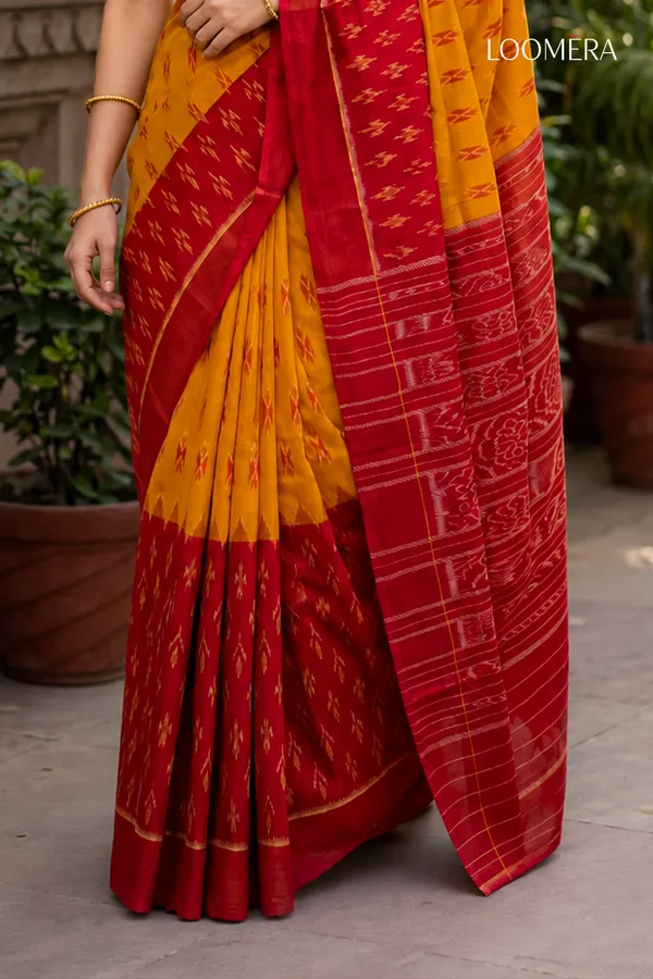 Yellow_and_Red_Ikat_Print_Cotton_Linen_Saree