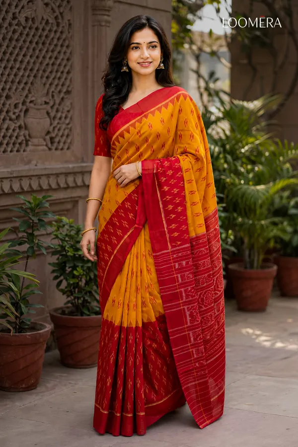 Yellow_and_Red_Ikat_Print_Cotton_Linen_Saree