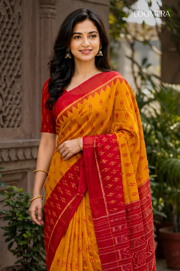 Yellow_and_Red_Ikat_Print_Cotton_Linen_Saree