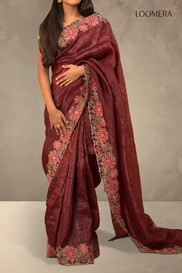 Maroon_Crushed_Tissue_Silk_Saree_With_Floral_Cut_Work_Embroidery