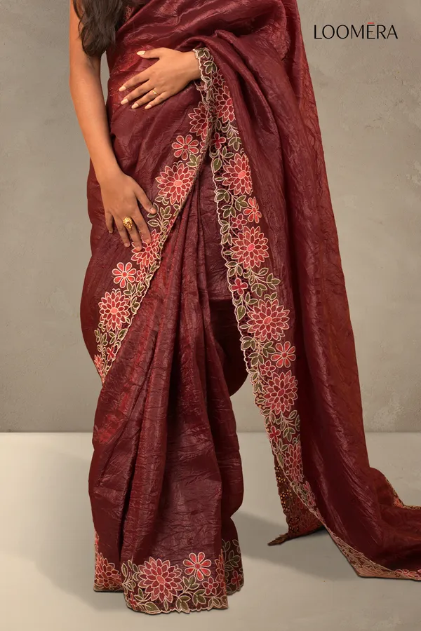 Maroon_Crushed_Tissue_Silk_Saree_With_Floral_Cut_Work_Embroidery