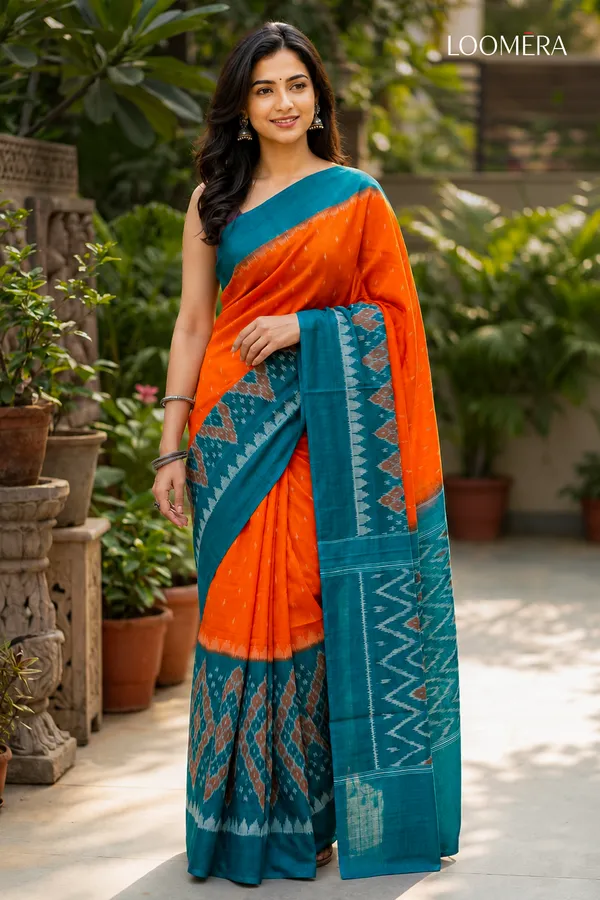 Orange_&_Teal_Ikat_Print_Cotton_Linen_Saree