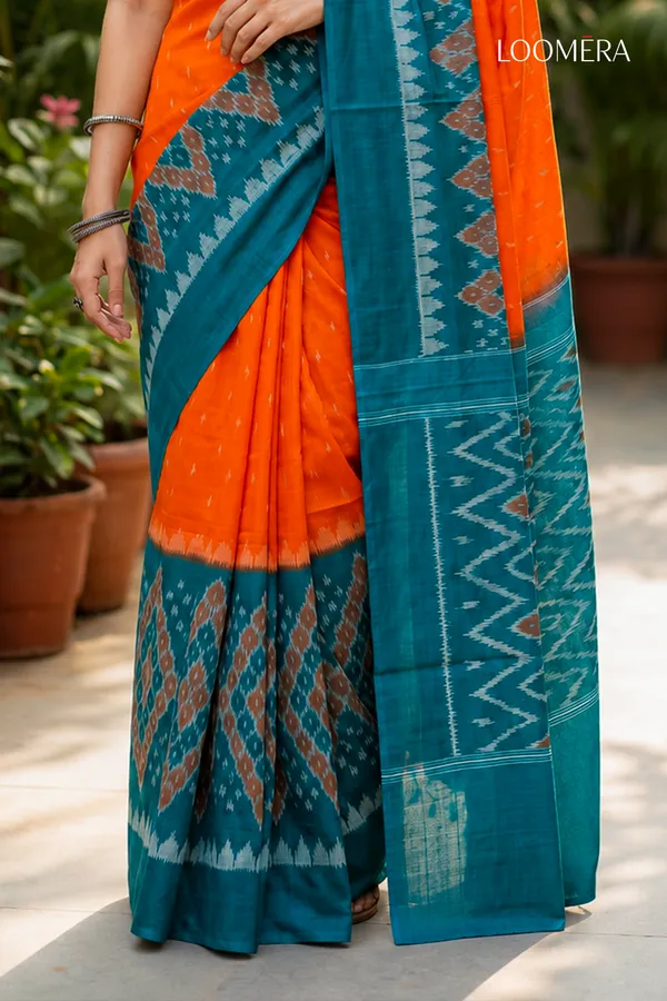 Orange_&_Teal_Ikat_Print_Cotton_Linen_Saree