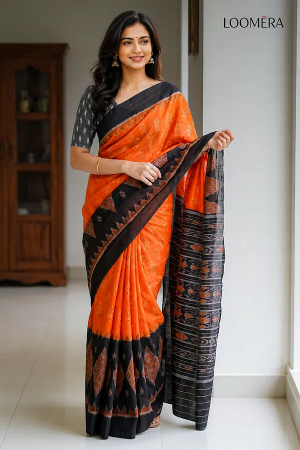 Orange_and_Black_Ikat_Print_Cotton_Linen_Saree