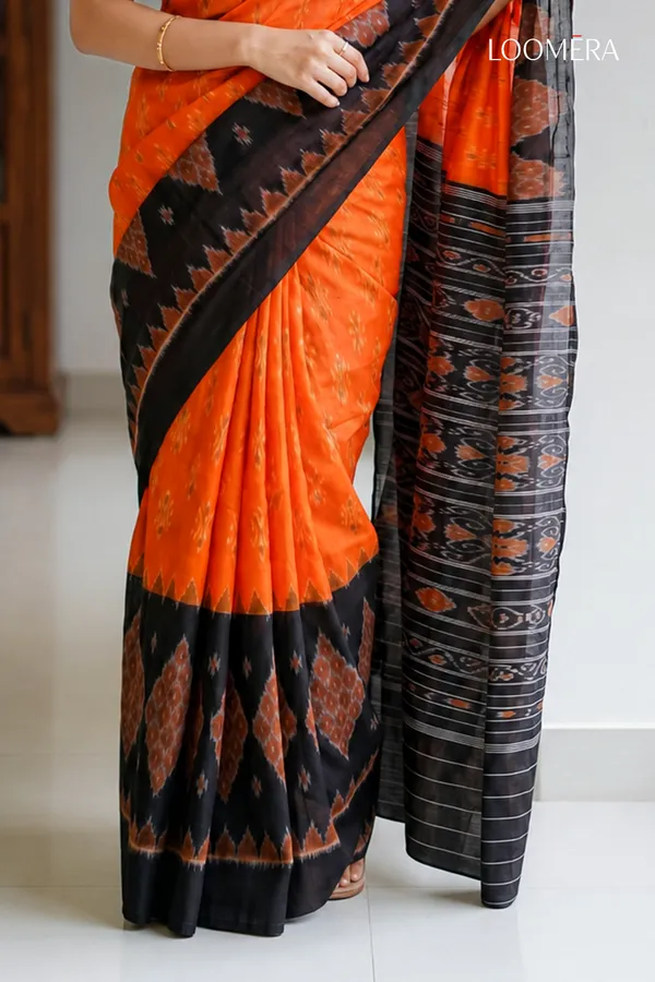 Orange_and_Black_Ikat_Print_Cotton_Linen_Saree