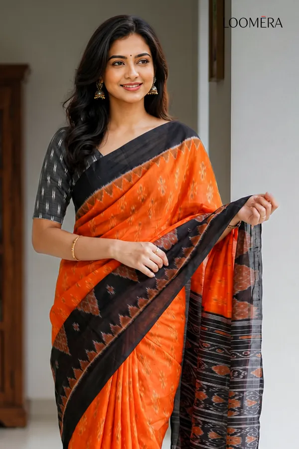 Orange_and_Black_Ikat_Print_Cotton_Linen_Saree