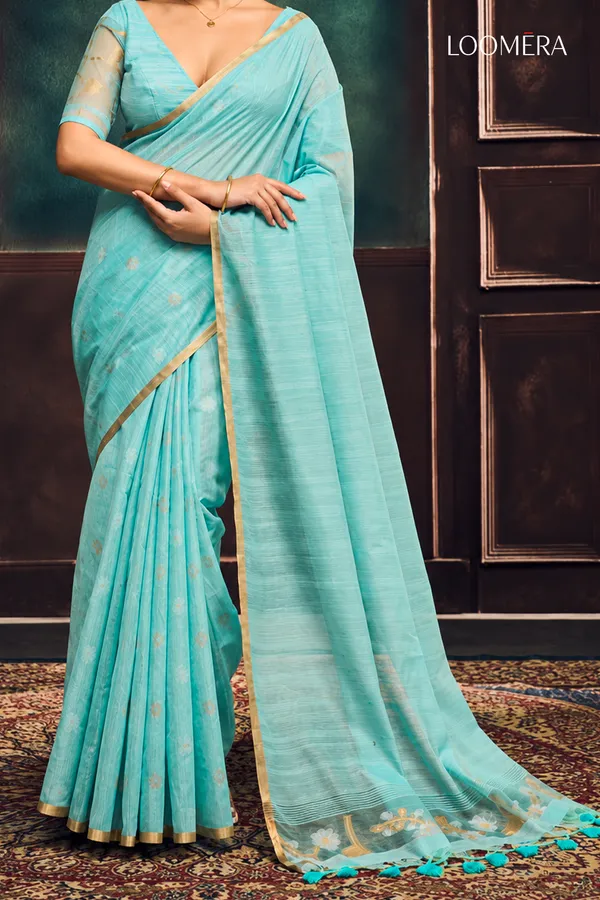 Blue_Munga_Cotton_Saree_with_Golden_Border