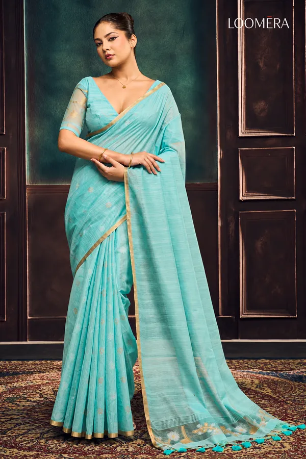 Blue_Munga_Cotton_Saree_with_Golden_Border
