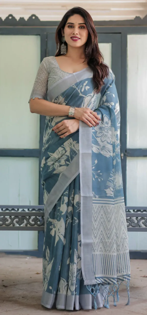 Pastel_Blue_Floral_and_Geometric_Printed_Cotton_Linen_Saree_with_Unstitched_Blouse