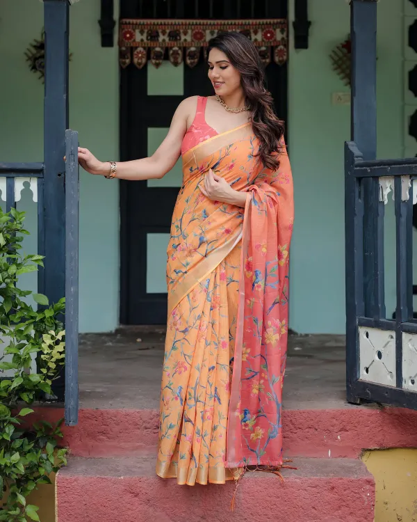 Peach_and_Orange_Pure_Cotton_Linen_Saree_with_Floral_and_Bird_Print_and_Unstitched_Blouse