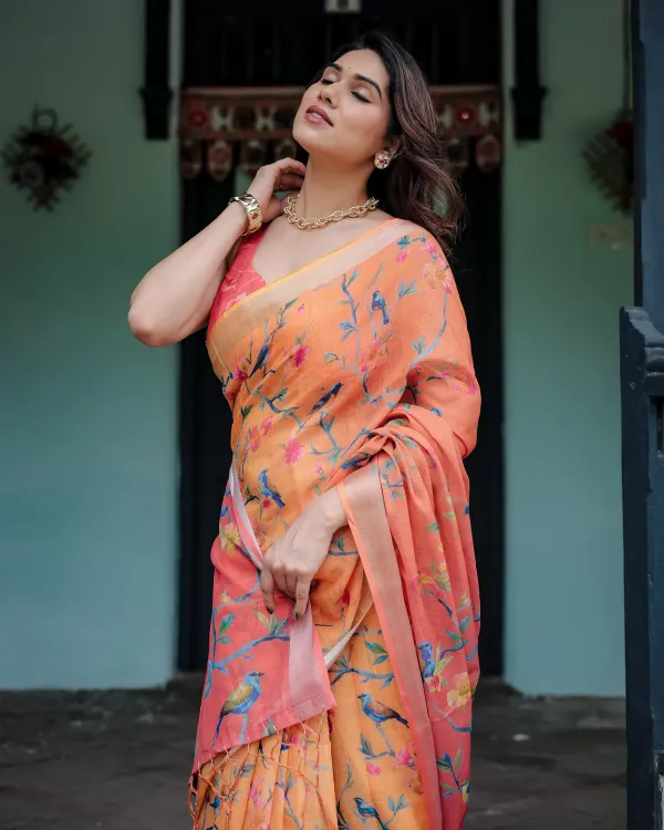 Peach_and_Orange_Pure_Cotton_Linen_Saree_with_Floral_and_Bird_Print_and_Unstitched_Blouse