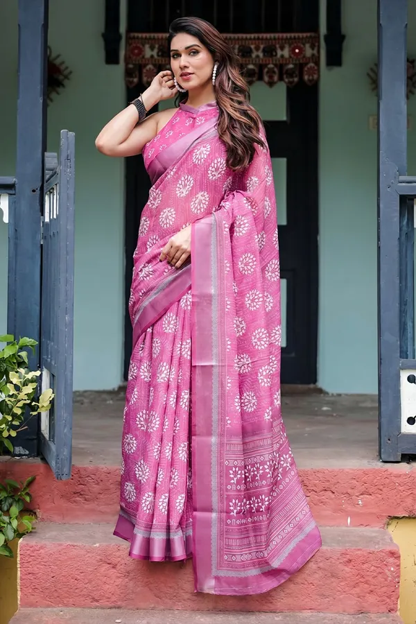 Magenta_Cotton_Linen_Saree_with_Block_Print