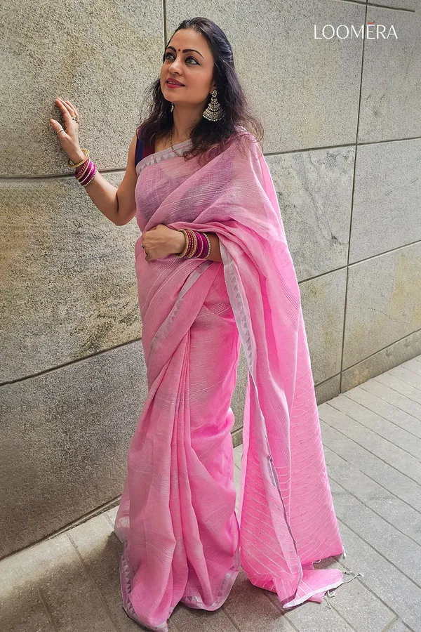 Pink_Linen_Saree_with_Silver_Zari_Border