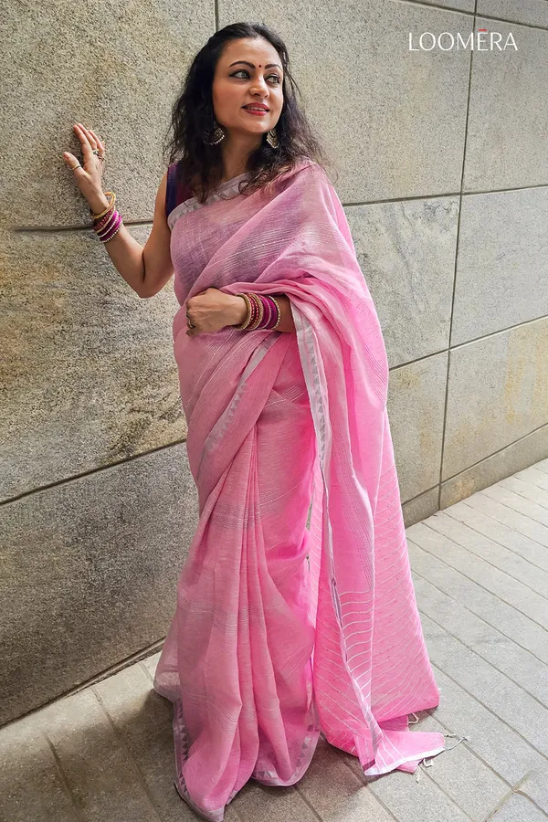 Pink_Linen_Saree_with_Silver_Zari_Border