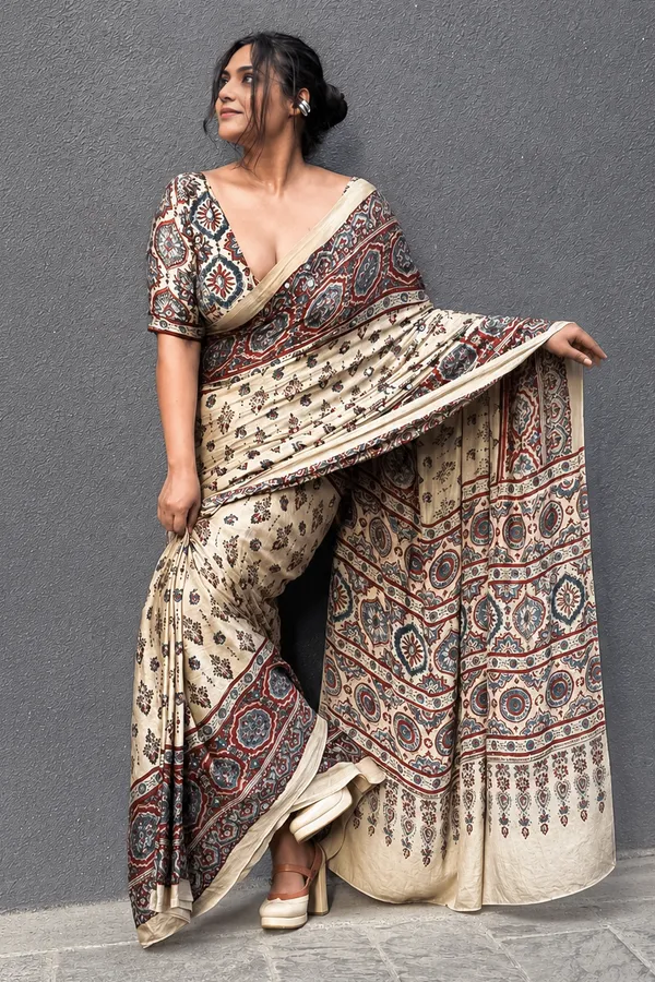 Premium_Ajrakh_Print_Cream_Modal_Silk_Saree_with_Mirror_Work