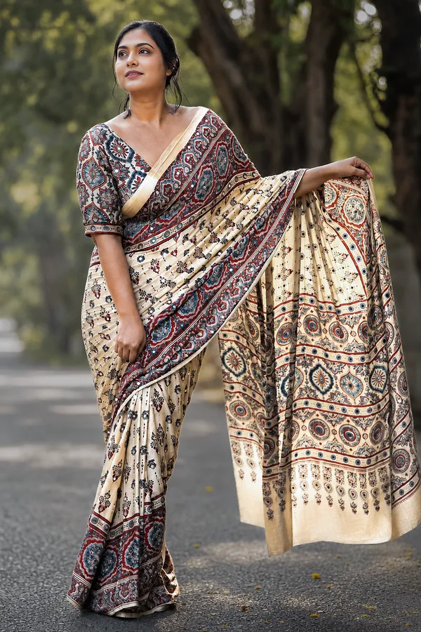 Premium_Ajrakh_Print_Cream_Modal_Silk_Saree_with_Mirror_Work