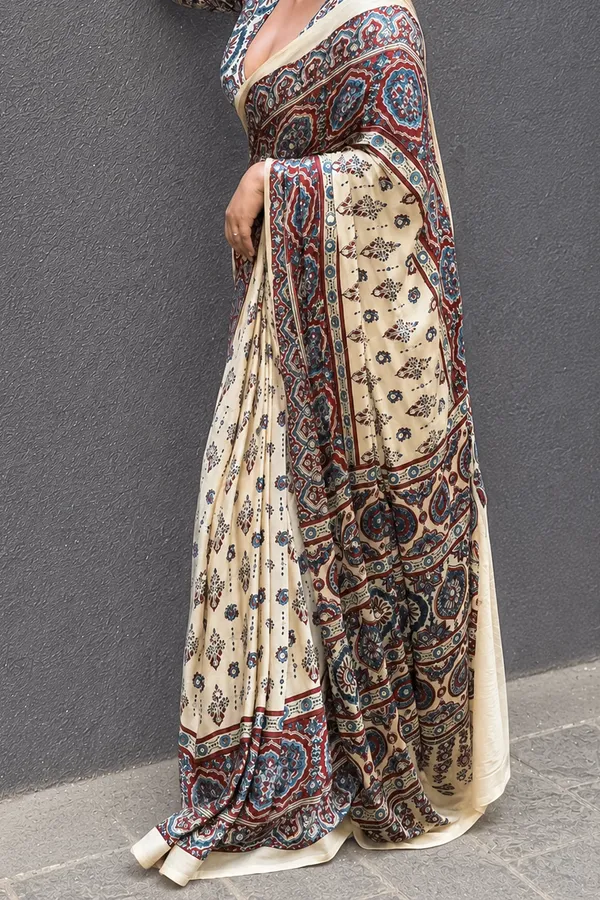 Premium_Ajrakh_Print_Cream_Modal_Silk_Saree_with_Mirror_Work