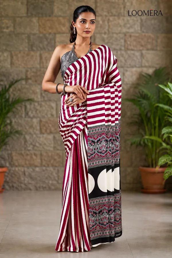 Premium_Red_and_White_Striped_Saree_with_Ajrakh_Pallu