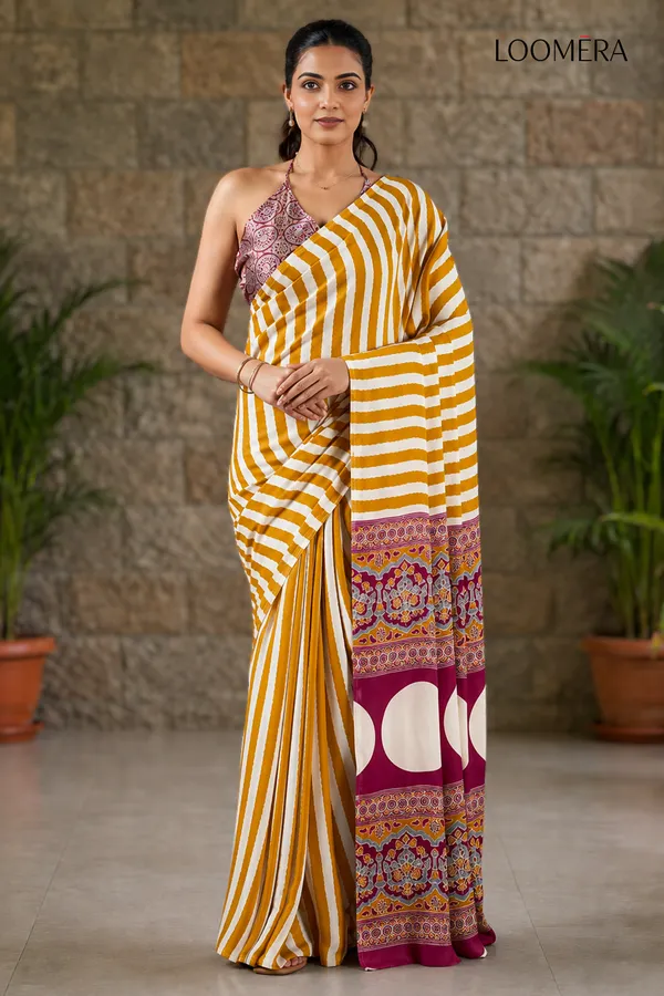 Premium_Yellow_and_White_Striped_Saree_with_Ajrakh_Pallu